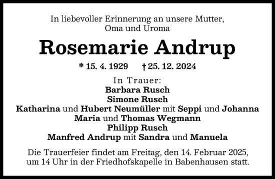 Traueranzeige von Rosemarie Andrup von Illertisser Zeitung