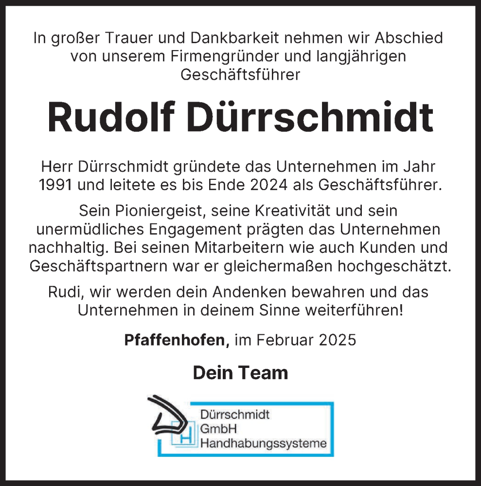  Traueranzeige für Rudolf Dürrschmidt vom 21.02.2025 aus Neu-Ulmer Zeitung