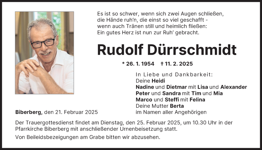  Traueranzeige für Rudolf Dürrschmidt vom 21.02.2025 aus Neu-Ulmer Zeitung