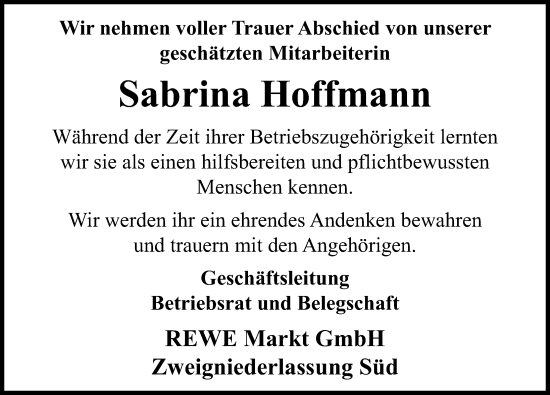 Traueranzeige von Sabrina Hoffmann von Augsburger Allgemeine