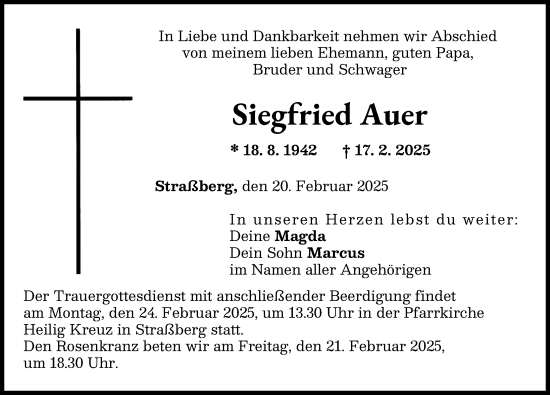 Traueranzeige von Siegfried Auer von Schwabmünchner Allgemeine
