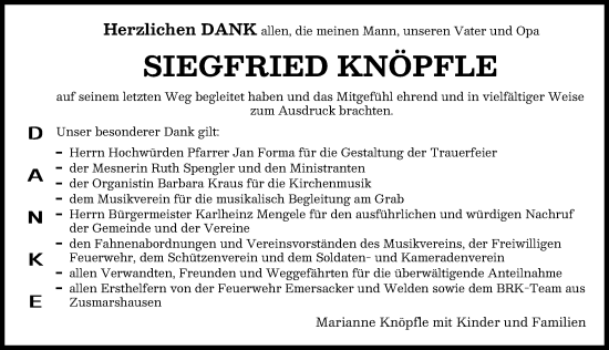 Traueranzeige von Siegfried Knöpfle von Wertinger Zeitung, Augsburg-Land