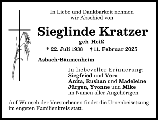 Traueranzeige von Sieglinde Kratzer von Donauwörther Zeitung