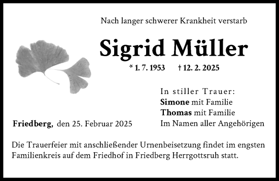 Traueranzeige von Sigrid Müller von Friedberger Allgemeine
