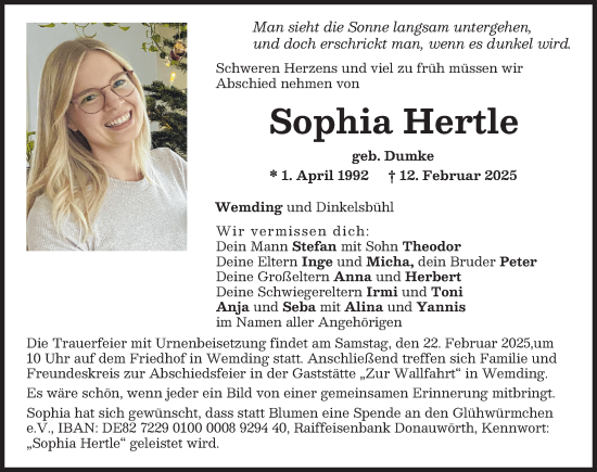 Traueranzeige von Sophia Hertle von Donauwörther Zeitung