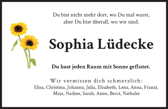 Traueranzeige von Sophia Lüdecke von Donau Zeitung