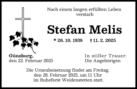 Traueranzeige von Stefan Melis von Günzburger Zeitung