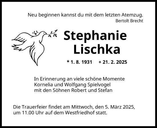 Traueranzeige von Stephanie Lischka von Augsburger Allgemeine