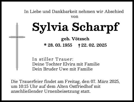 Traueranzeige von Sylvia Scharpf von Augsburger Allgemeine