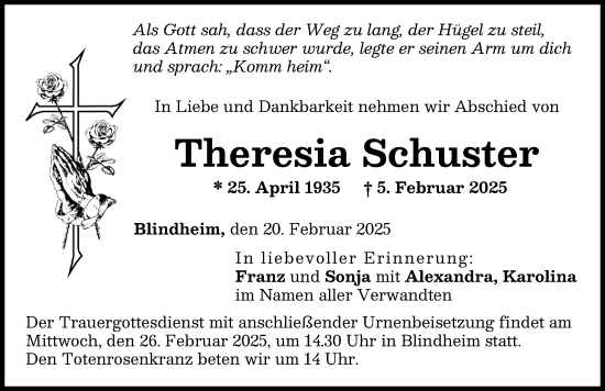 Traueranzeige von Theresia Schuster von Donau Zeitung