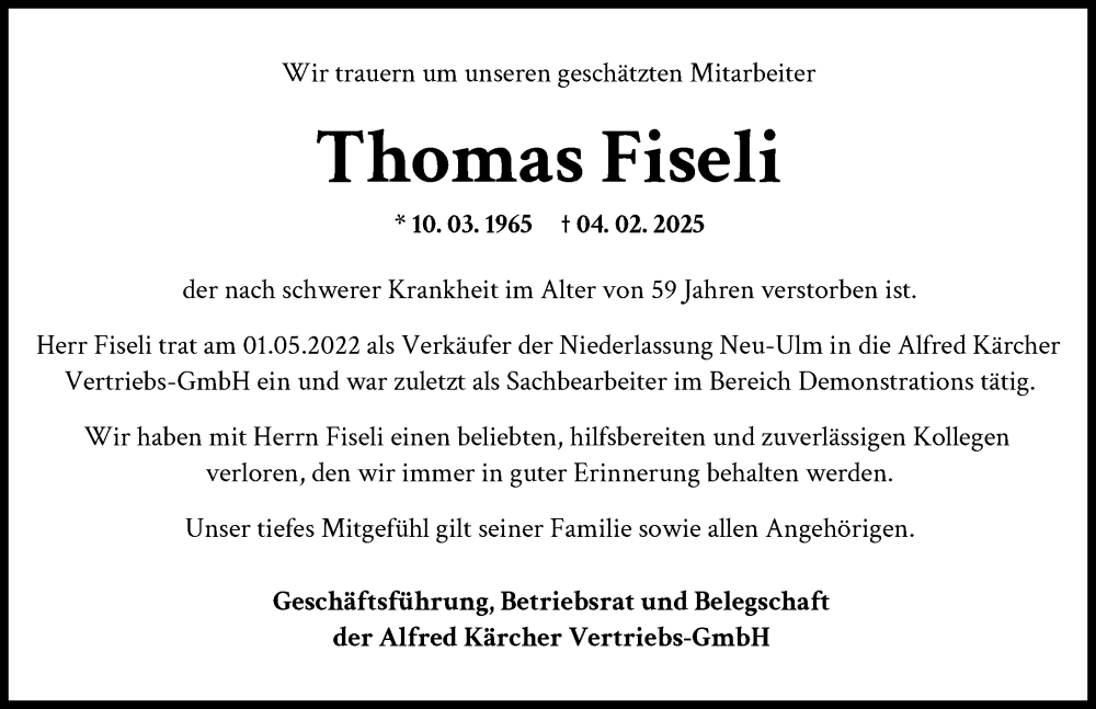  Traueranzeige für Thomas Fiseli vom 11.02.2025 aus Neu-Ulmer Zeitung