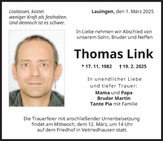 Traueranzeige von Thomas Link von Donau Zeitung