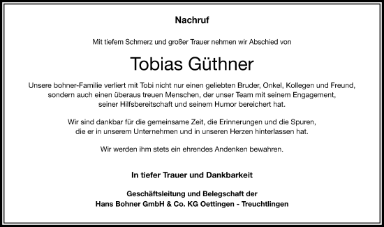 Traueranzeige von Tobias Güthner von Rieser Nachrichten