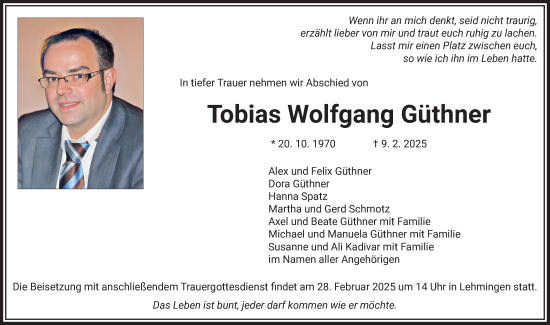 Traueranzeige von Tobias Wolfgang Güthner von Rieser Nachrichten