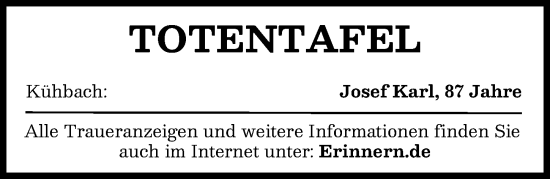 Traueranzeige von Totentafel vom 15.02.2025 von Aichacher Nachrichten