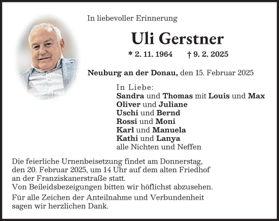 Traueranzeige von Uli Gerstner von Neuburger Rundschau