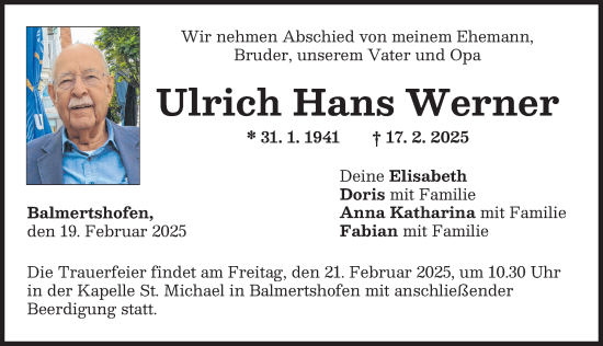 Traueranzeige von Ulrich Hans Werner von Neu-Ulmer Zeitung