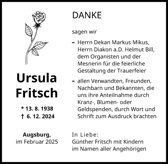 Traueranzeige von Ursula Fritsch von Augsburger Allgemeine