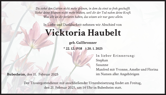 Traueranzeige von Vicktoria Haubelt von Günzburger Zeitung
