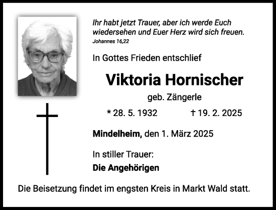 Traueranzeige von Viktoria Hornischer von Mindelheimer Zeitung