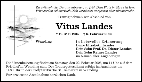 Traueranzeige von Vitus Landes von Donauwörther Zeitung