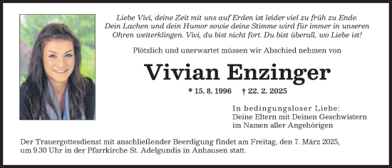 Traueranzeige von Vivian Enzinger von Augsburger Allgemeine