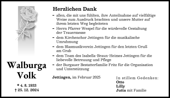 Traueranzeige von Walburga Volk von Günzburger Zeitung