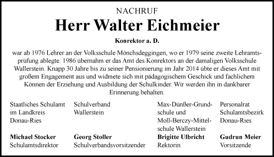 Traueranzeige von Walter Eichmeier von Rieser Nachrichten