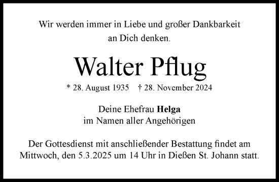 Traueranzeige von Walter Pflug von Ammersee Kurier