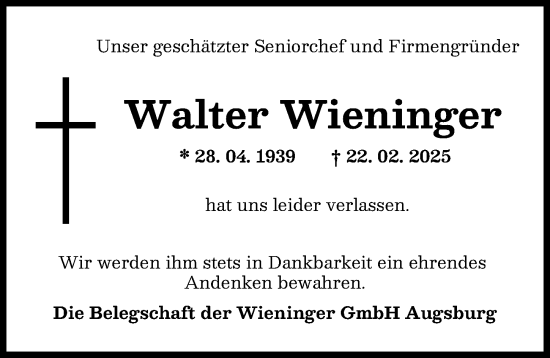 Traueranzeige von Walter Wieninger von Augsburger Allgemeine