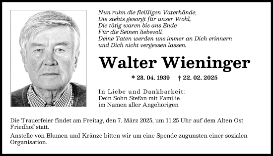 Traueranzeige von Walter Wieninger von Augsburger Allgemeine