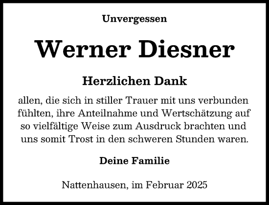 Traueranzeige von Werner Diesner von Mittelschwäbische Nachrichten
