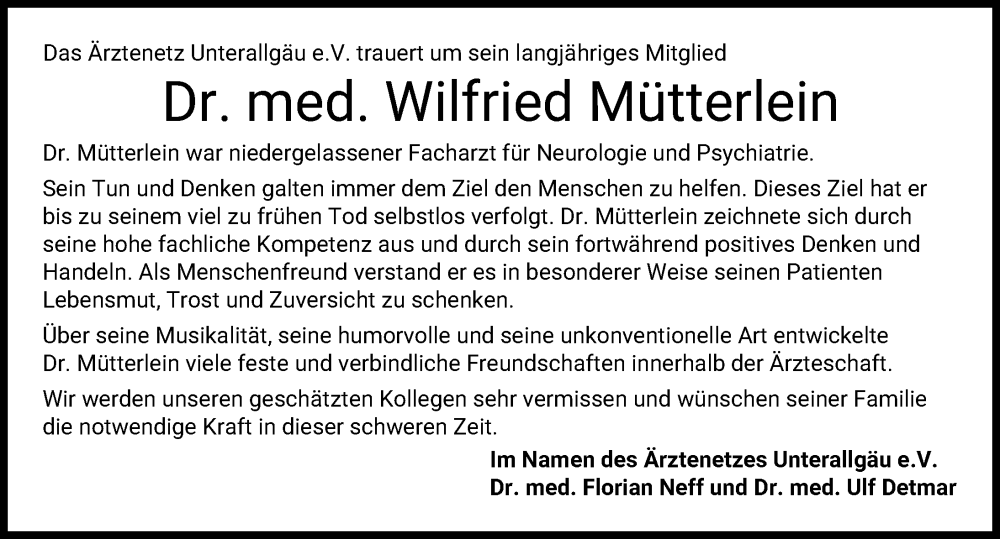  Traueranzeige für Wilfried Mütterlein vom 22.02.2025 aus Mindelheimer Zeitung