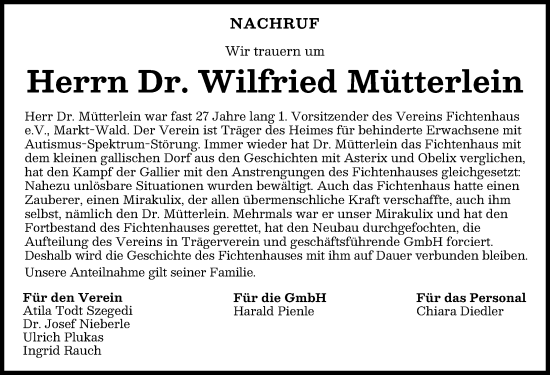 Traueranzeige von Wilfried Mütterlein von Mindelheimer Zeitung