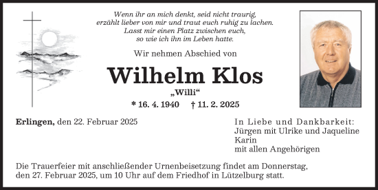 Traueranzeige von Wilhelm Klos von Augsburger Allgemeine