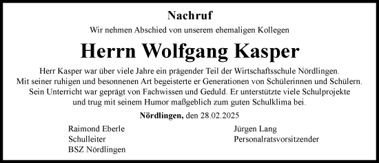 Traueranzeige von Wolfgang Kasper von Rieser Nachrichten