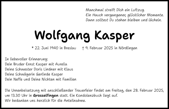 Traueranzeige von Wolfgang Kasper von Rieser Nachrichten