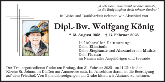 Traueranzeige von Wolfgang König von Landsberger Tagblatt, Ammersee Kurier