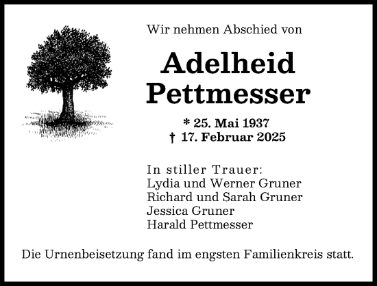 Traueranzeige von Adelheid Pettmesser von Neuburger Rundschau