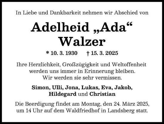 Traueranzeige von Adelheid Walzer von Landsberger Tagblatt