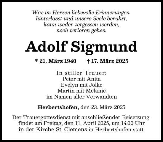 Traueranzeige von Adolf Sigmund von Augsburg-Land