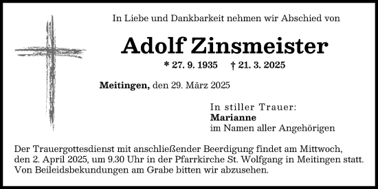 Traueranzeige von Adolf Zinsmeister von Donauwörther Zeitung, Augsburg-Land