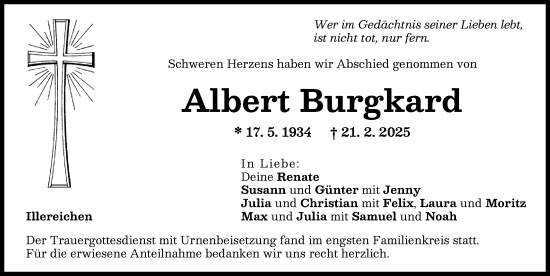 Traueranzeige von Albert Burgkard von Illertisser Zeitung