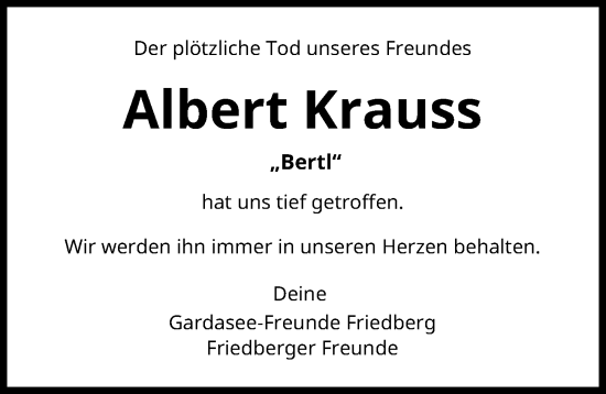 Traueranzeige von Albert Krauss von Friedberger Allgemeine