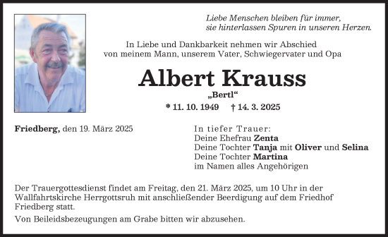 Traueranzeige von Albert Krauss von Augsburger Allgemeine, Friedberger Allgemeine