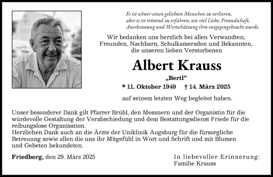 Traueranzeige von Albert Krauss von Friedberger Allgemeine