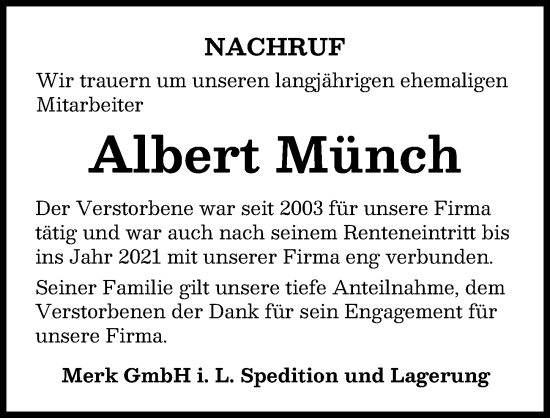 Traueranzeige von Albert Münch von Mindelheimer Zeitung