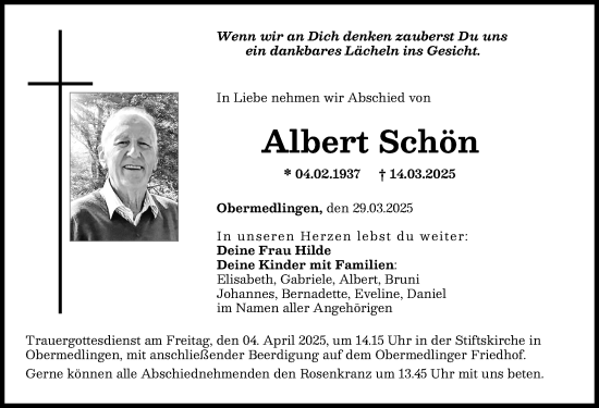 Traueranzeige von Albert Schön von Donau Zeitung