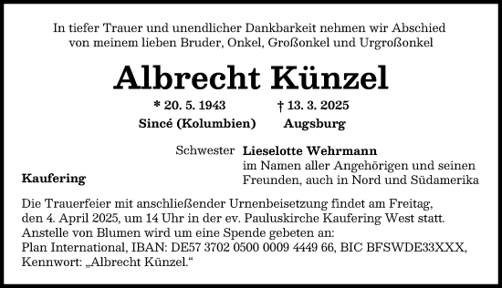 Traueranzeige von Albrecht Künzel von Landsberger Tagblatt