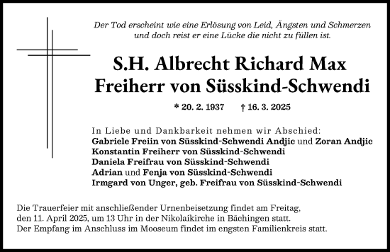 Traueranzeige von Albrecht Richard Max von Süsskind-Schwendi von Donau Zeitung